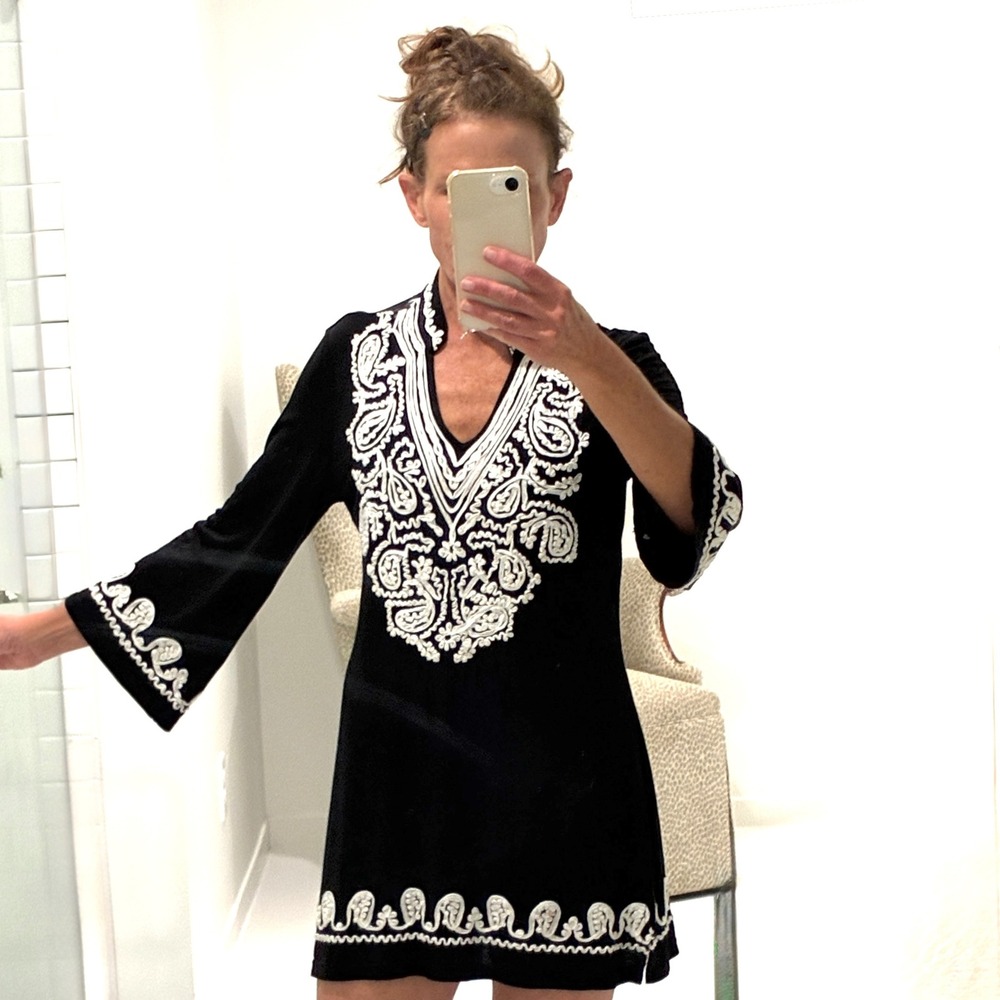 Cristina Tunic Top Boho Embroidered Black White Medium